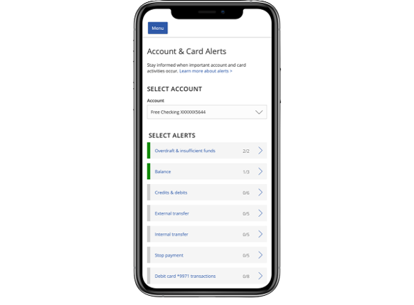 mobile phone displaying First Heritage Crest Account and Card Alerts selection options
