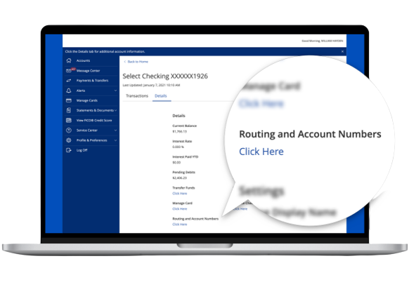 First Heritage Crest Digital Banking dashboard displaying where routing and account numbers can be accessed by pressing the Click Here link under the Routing and Account Numbers section, within the Details tab